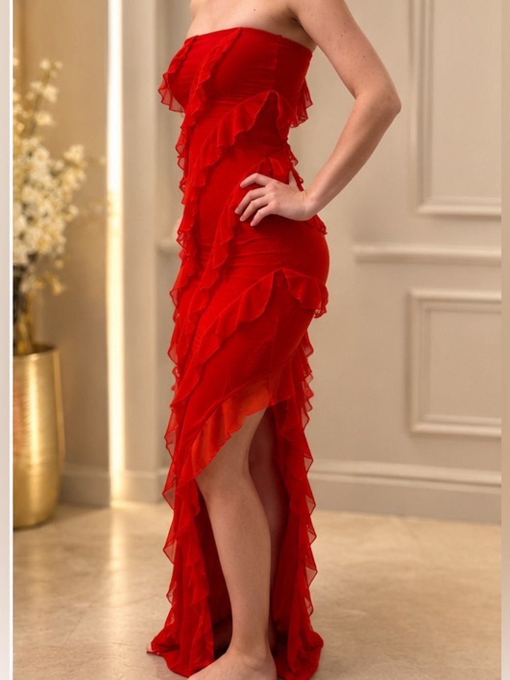 NWOT Stunning Red Strapless Ruffle High-Low Dress Sz 0
